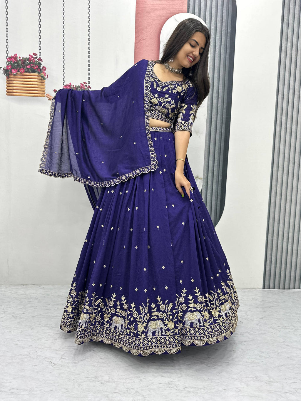Gopi Navy Blue Vichitra Silk Embroidery Sequins Thread Work Lehenga Choli