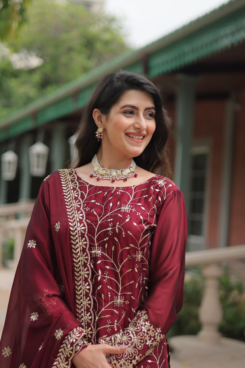 Hitanshi Maroon Rangoli Silk Embroidered Kurti Plazzo Set