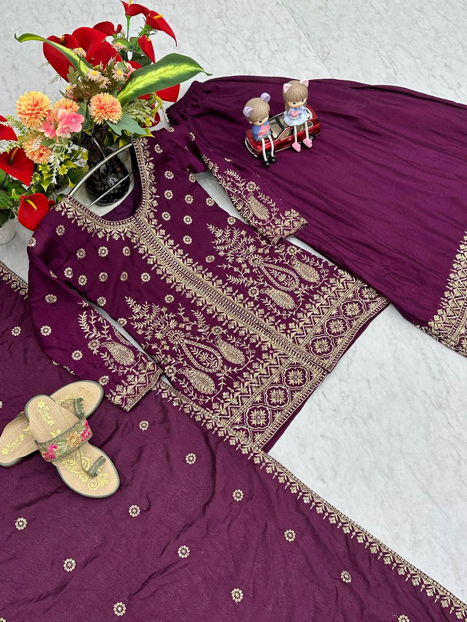 Enya purple Chinon kurti palazzo set with thread sequence embroidery work