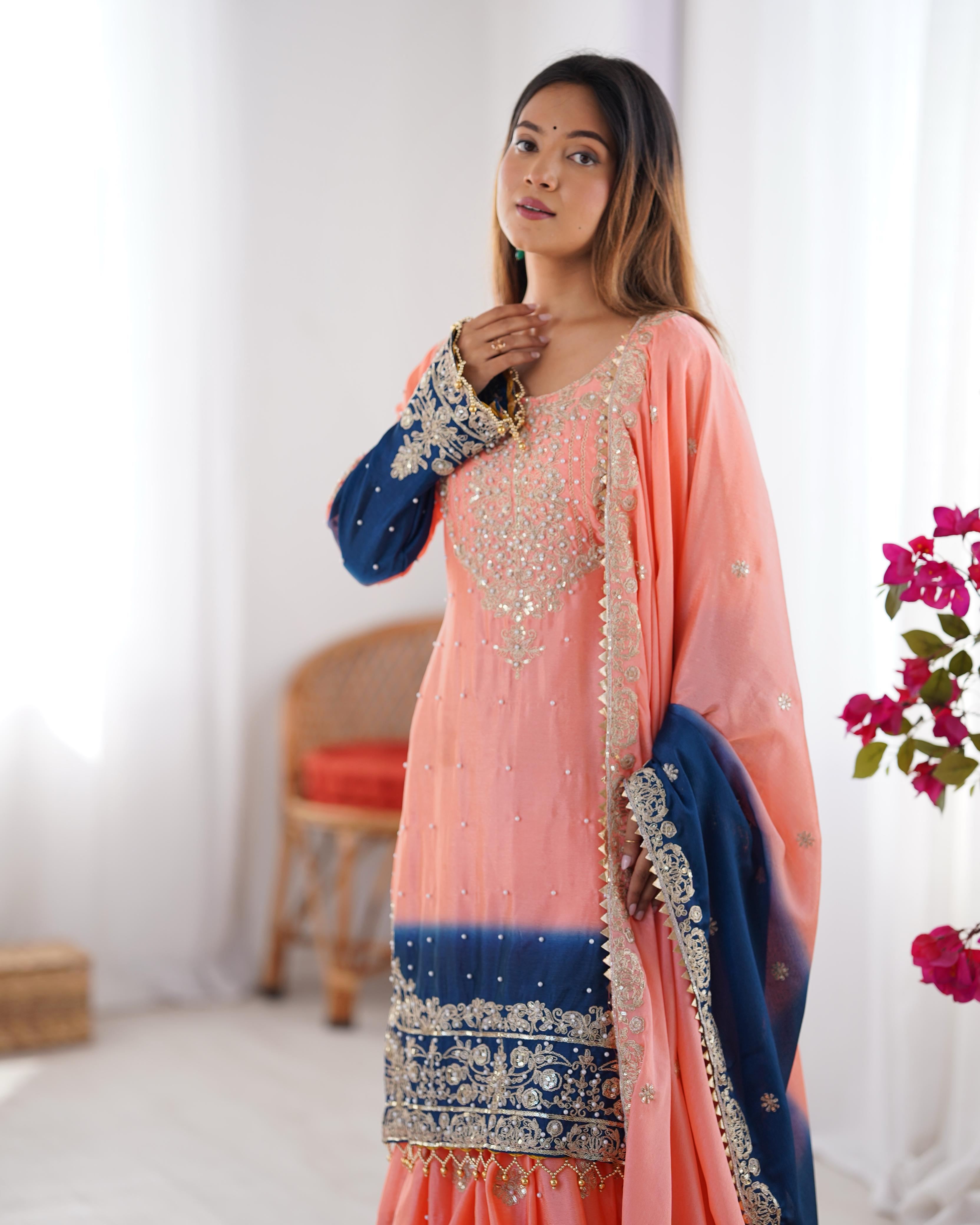 Manvisha Peach Embroidered Sharara Suit Set