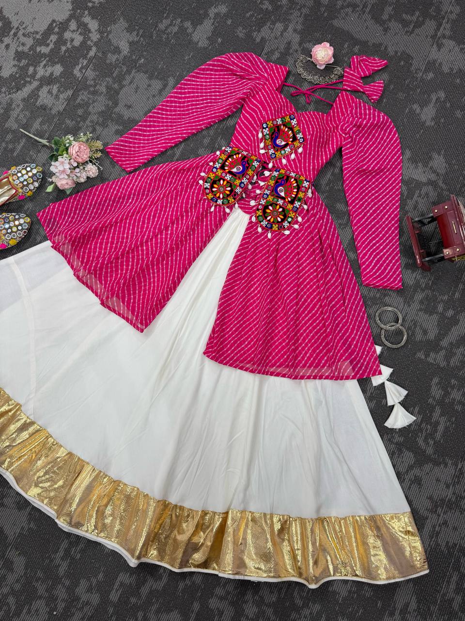 Pink Georgette Top with Digital Print and Thread Work Butter Silk Gota Patti Work Lehenga