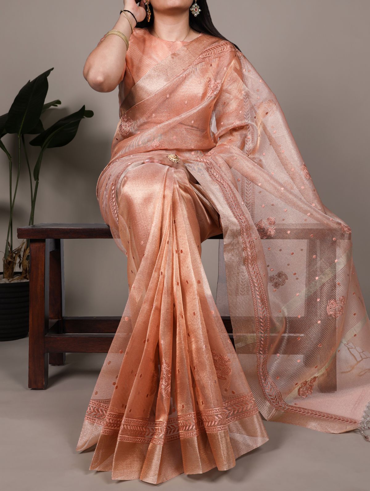 Orange Color Poly Shimmer Thread Embroidered Saree with Unstitched Blouse