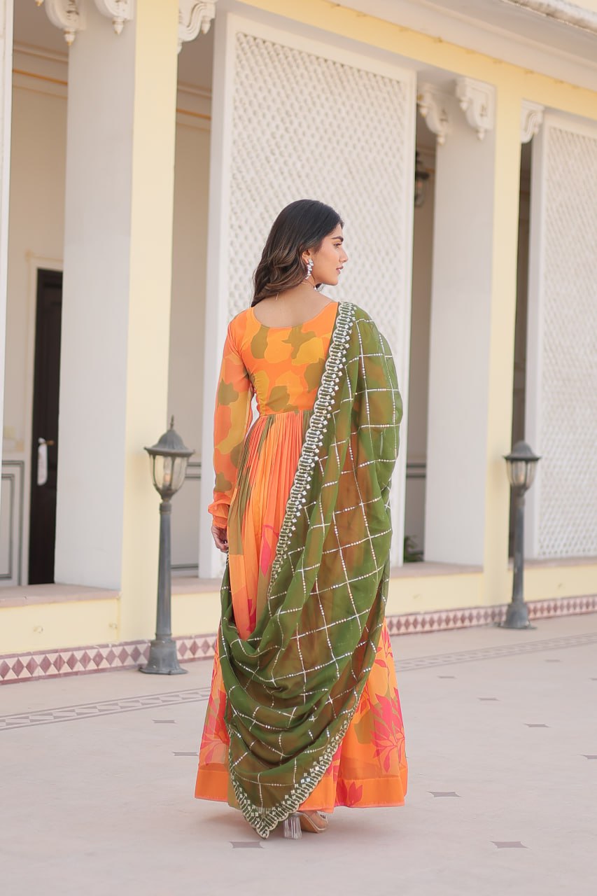 Savitri russian silk printed alia cut orange anarkali suit set