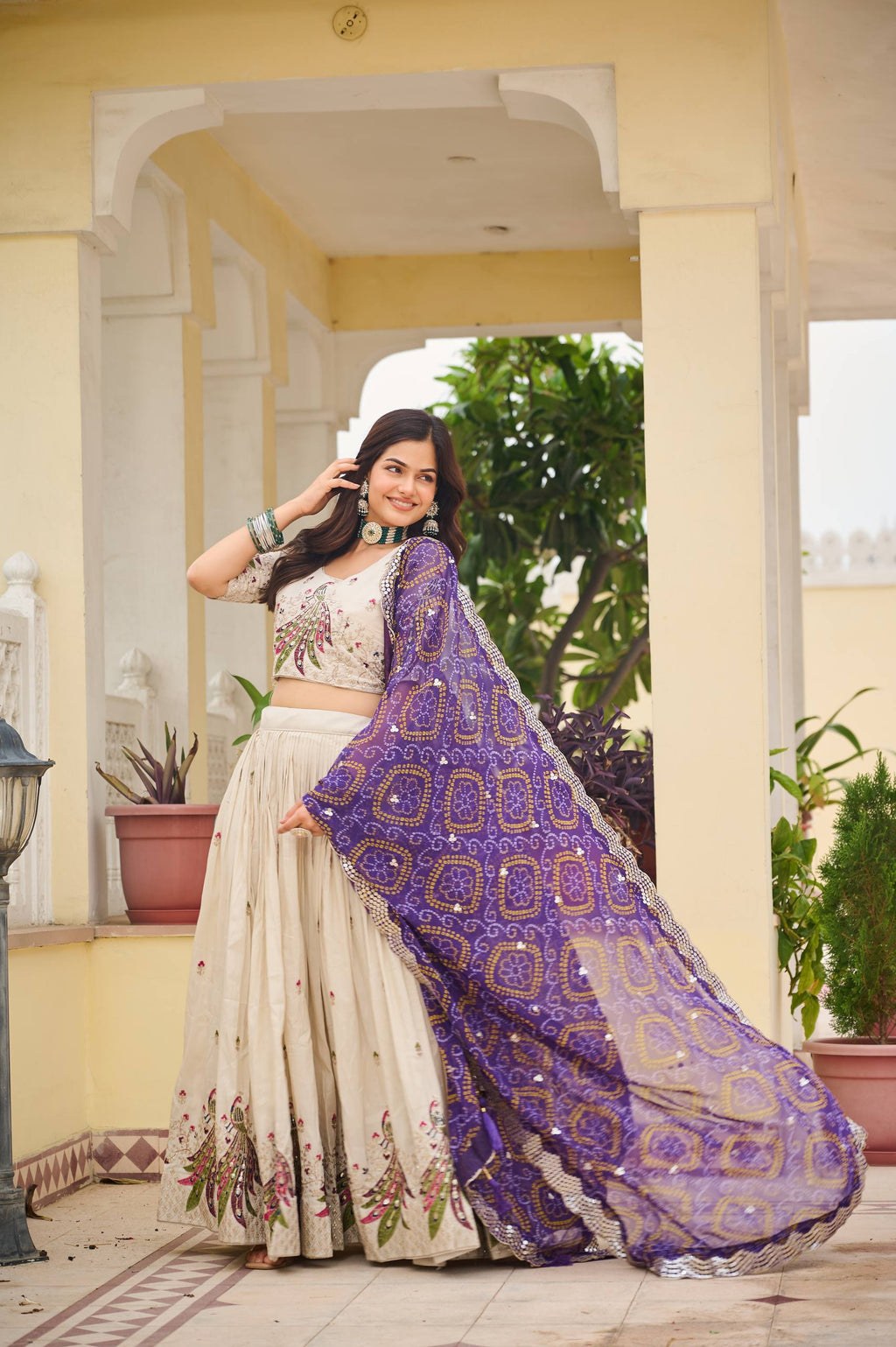 Amla Off-White Tissue Silk Sequins Thread Work Lehenga Choli with Purple Bandhej Dupatta