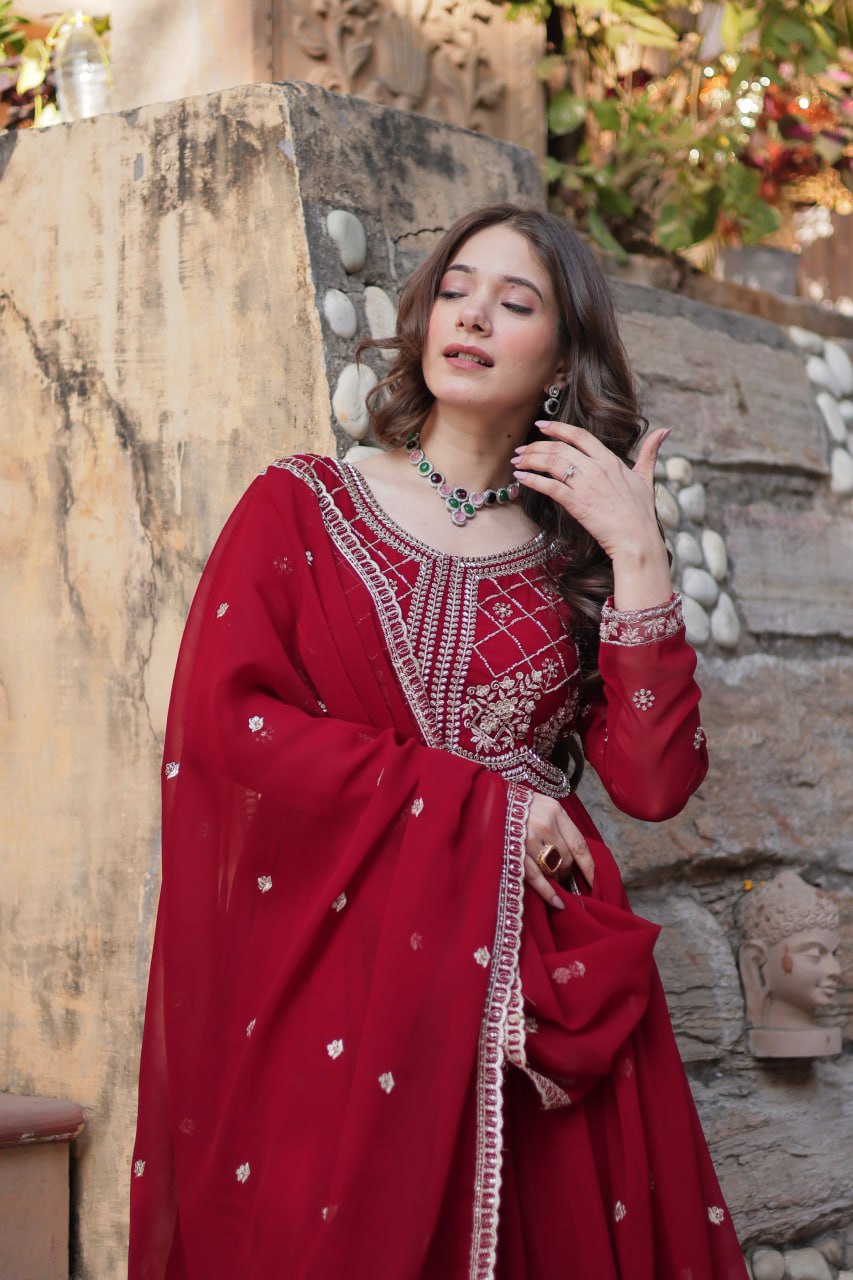 Chamvika Maroon Embroidered Gown Set with Dupatta – long gown for women, party wear gown for wedding, Indian gown for women, maroon gown for engagement, full sleeve ethnic gown, designer gown with dupatta, sequin gown for festival, traditional wear for women, Indo western gown online, stylish Indian dress for sangeet function, ready-to-wear ethnic gown for women.