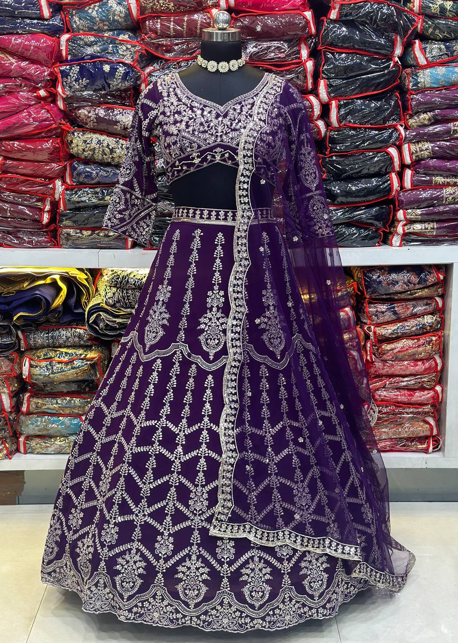 Purple georgette sequins embroidered lehenga choli with net dupatta