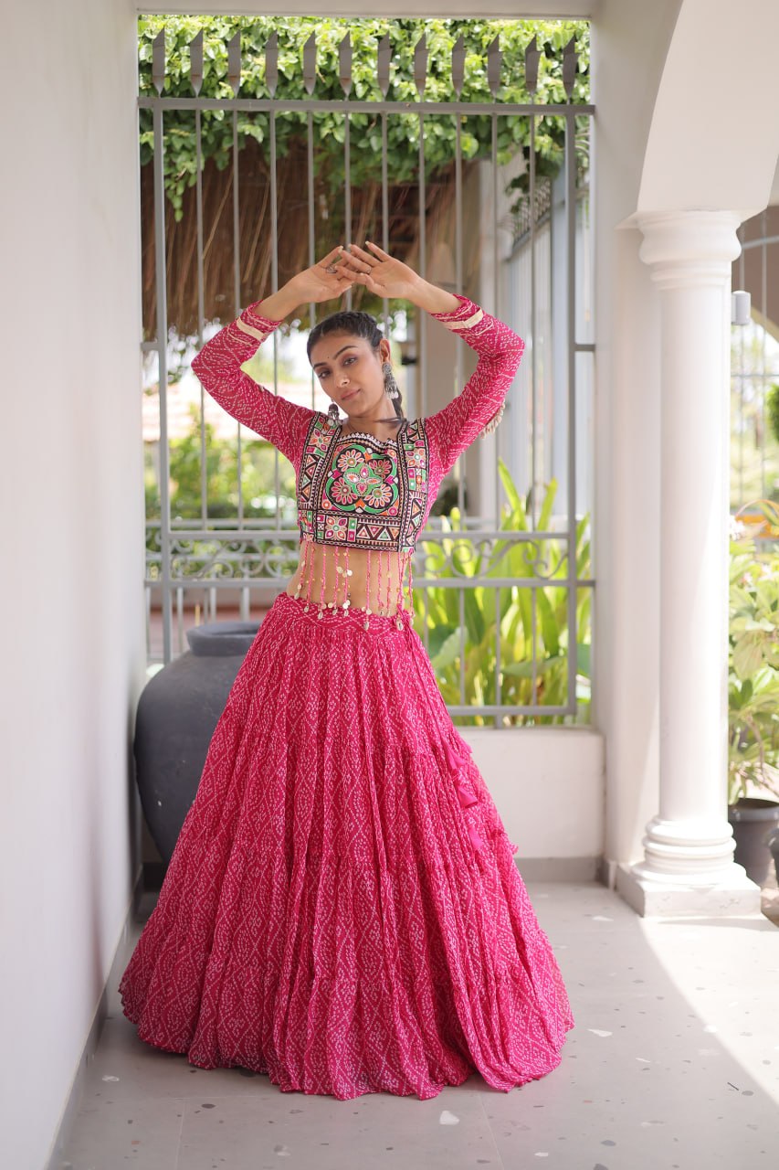 Anjali Pink Faux Georgette Bandhani Kutchi Patchework Lehenga