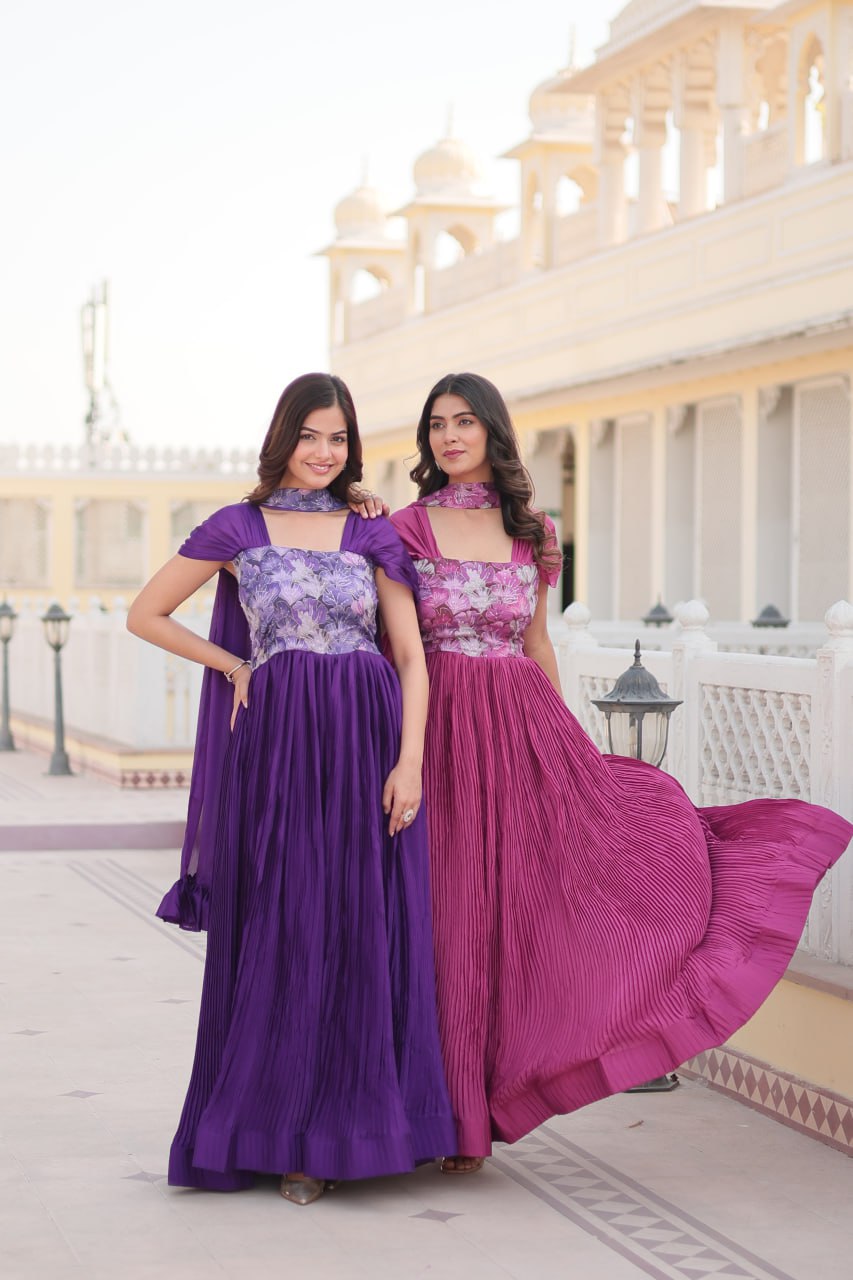 Shanta chinon purple printed anarkali gown set