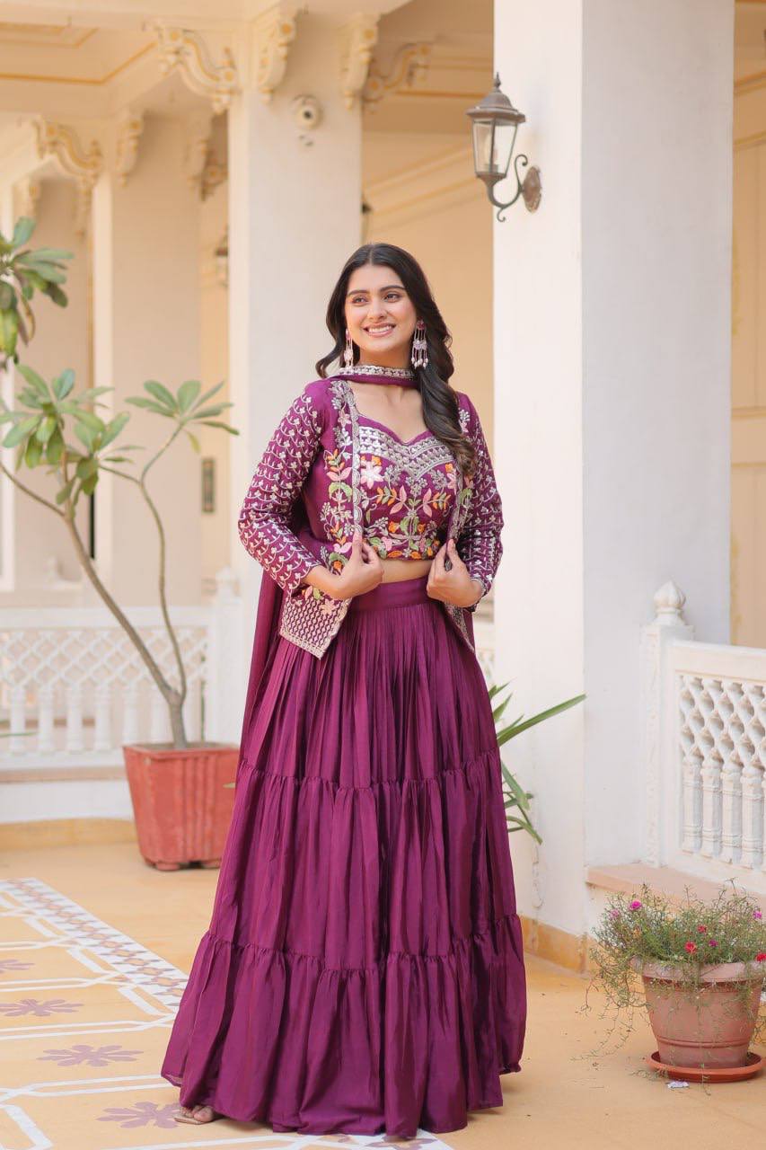 Maanvi purple festive wear embroidered lehenga choli with koti