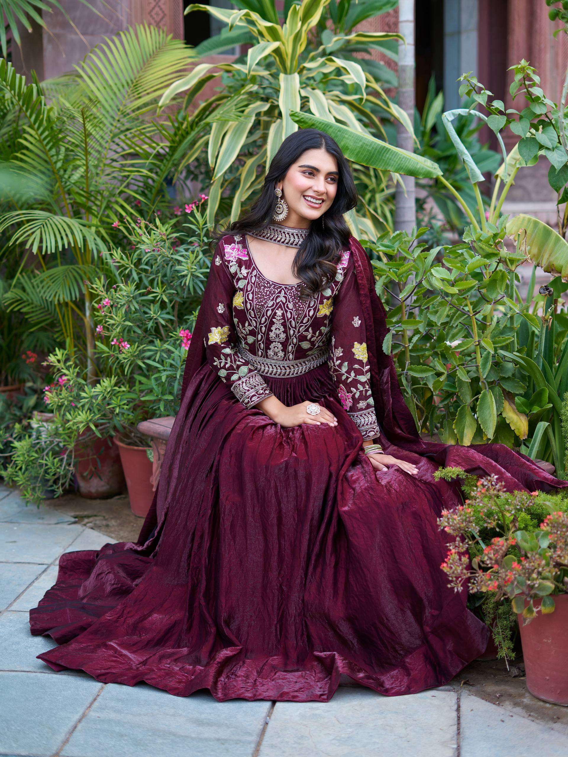 Dipa Wine Color Fendy Silk Embroidery Sequins Thread Work Gown with Dupatta