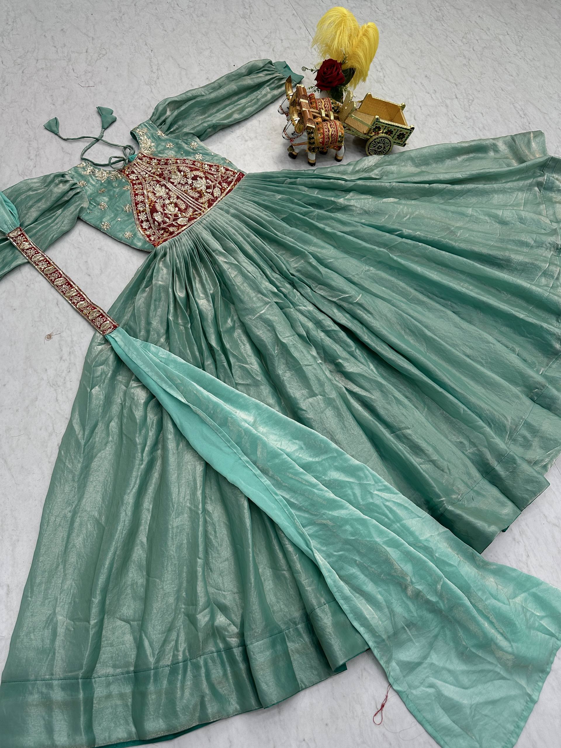 Ritu Sea Green Fendy Silk Sequins Thread Embroidery Work Gown with Dupatta