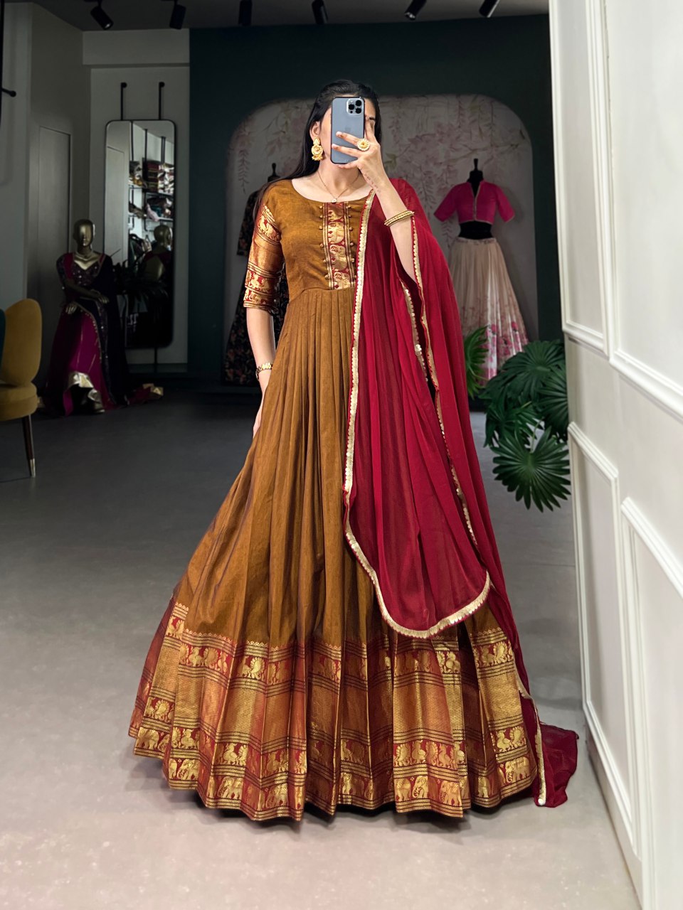Rust brown cotton Anarkali gown with dupatta, Zari woven ethnic dress, stitched festive gown for women, lightweight party wear, Trinaari premium wear.
