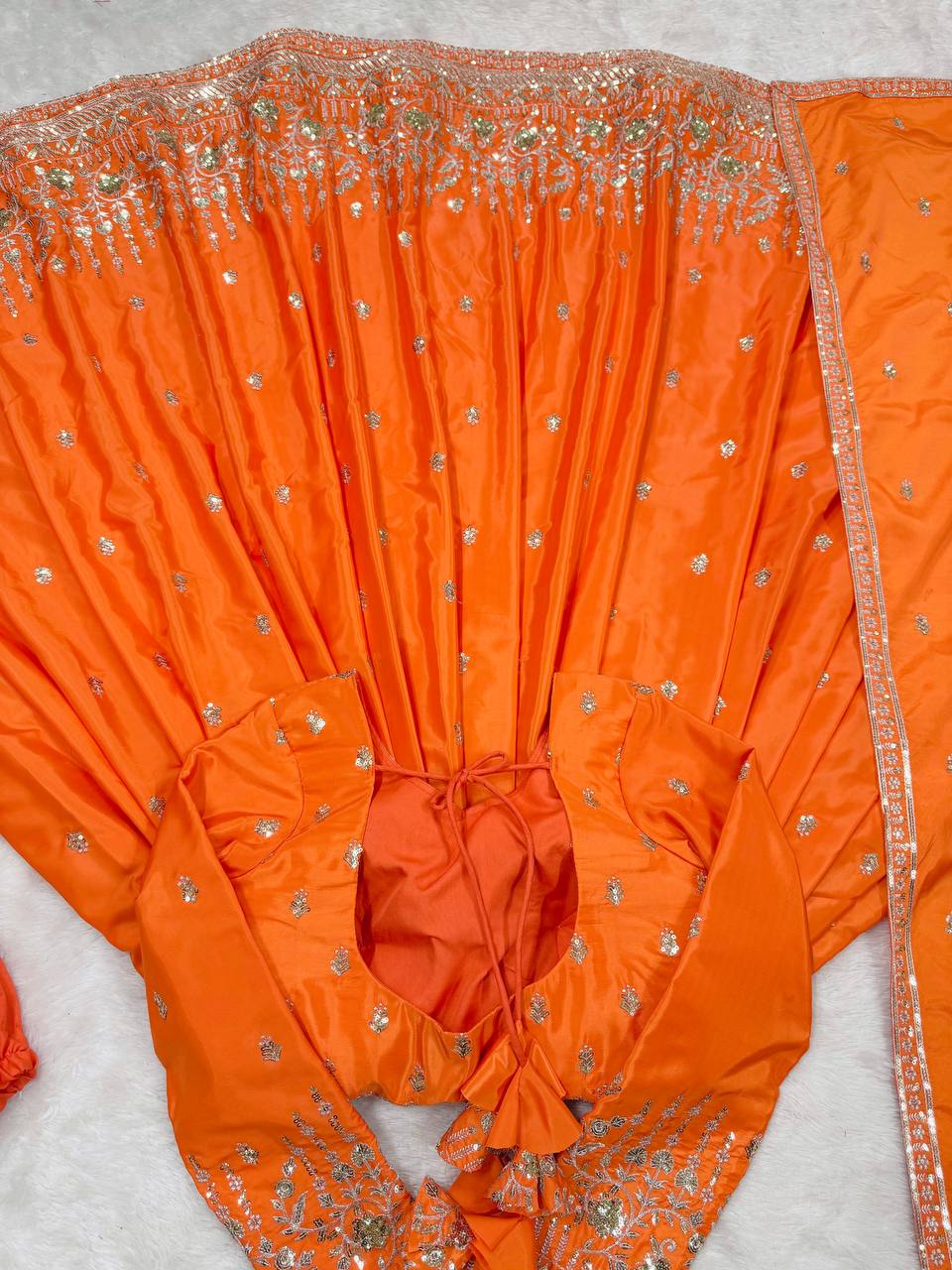 Meghnita Anarkali suit in American Silk with thread & sequin embroidery, padded gown, stitched pant & dupatta—perfect for weddings & festive wear.