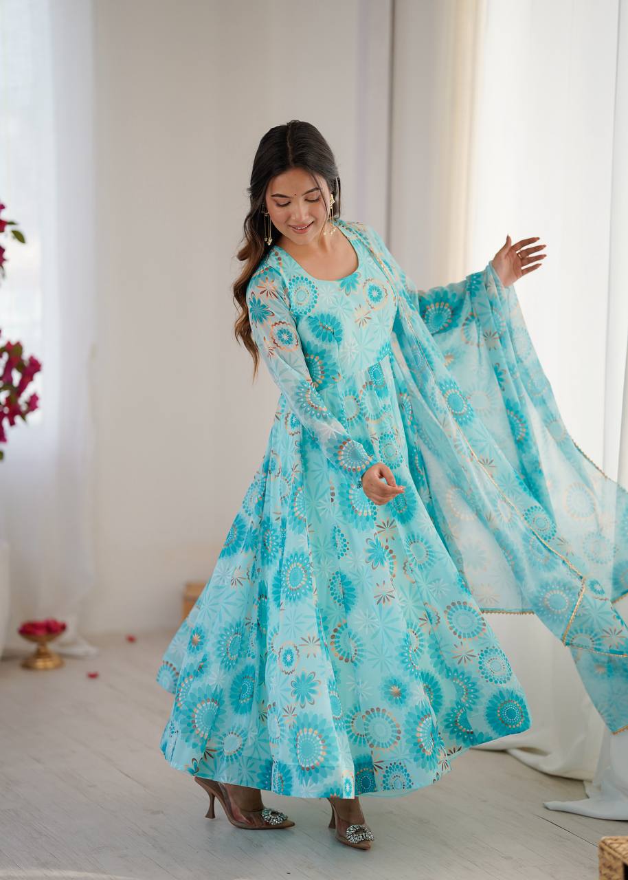 Sky Blue Fox Georgette Floral Print Anarkali Suit Set
