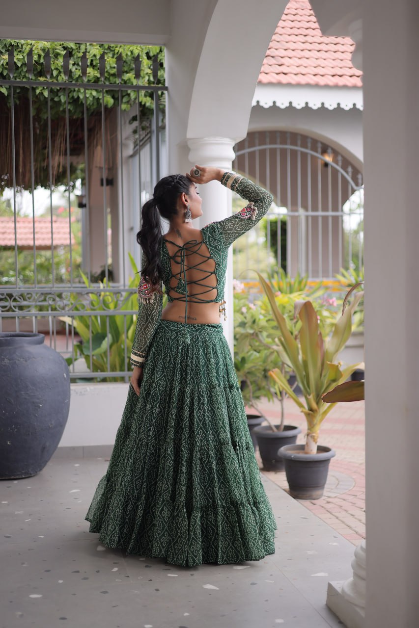 Anjali Green Faux Georgette Bandhani Kutchi Patchework Lehenga