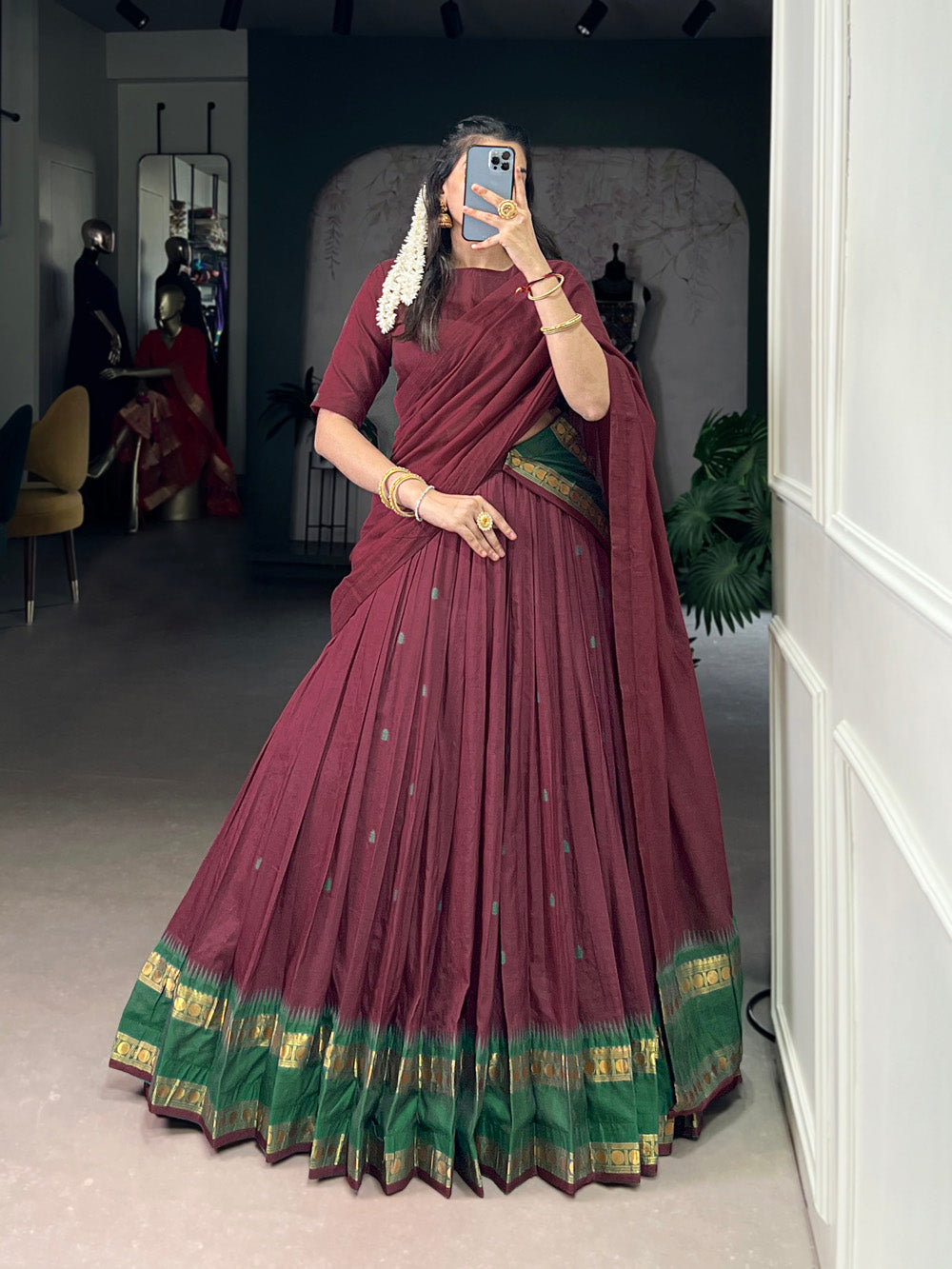 Maroon Chanderi Zari Weaving Work Half-Saree Lehenga
