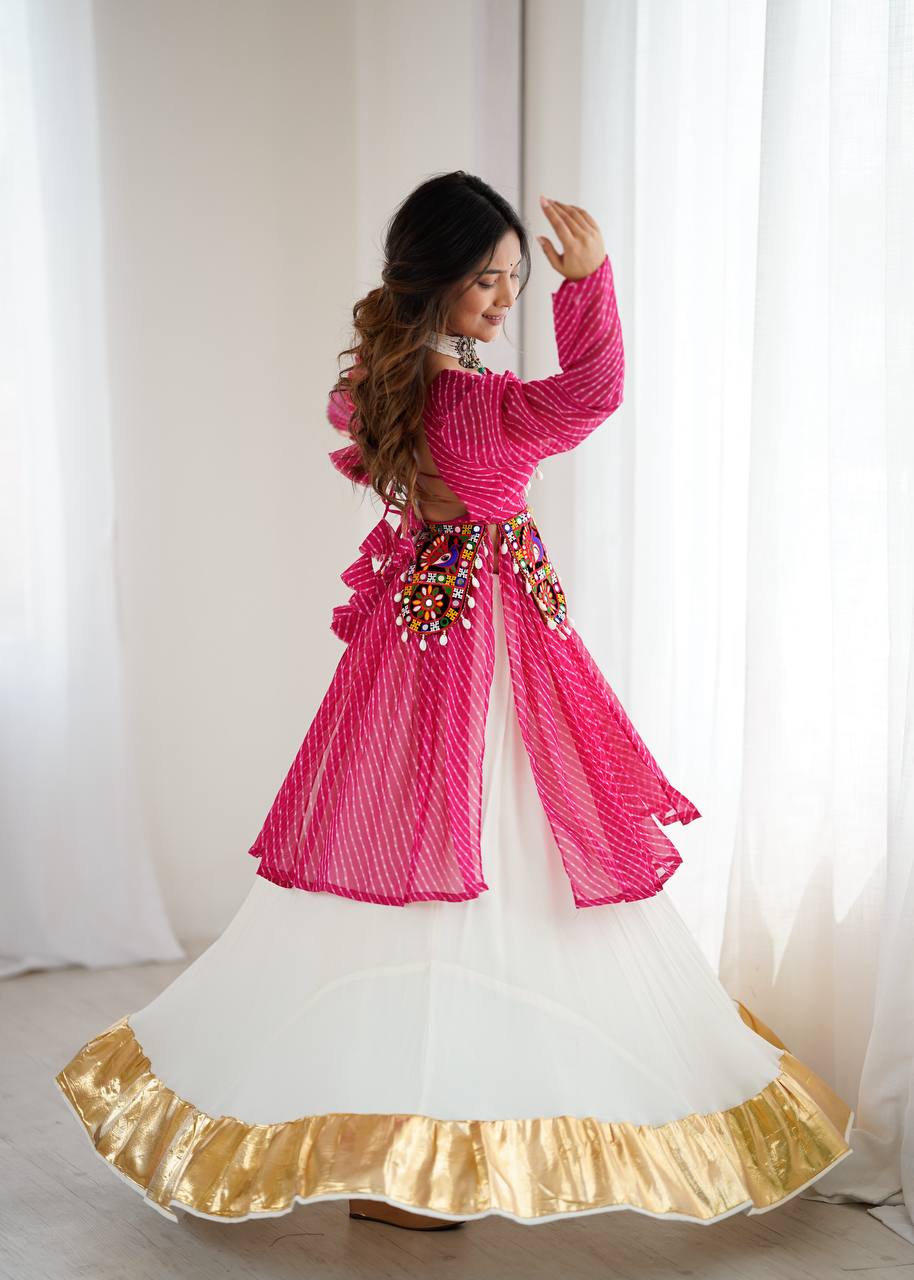 Pink Georgette Top with Digital Print and Thread Work Butter Silk Gota Patti Work Lehenga