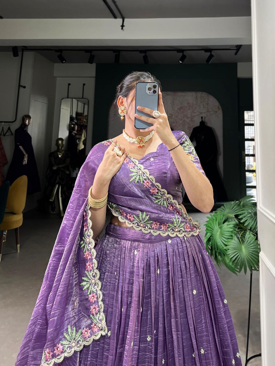 Purple sequins thread embroidered gold crush lehenga choli for wedding functions