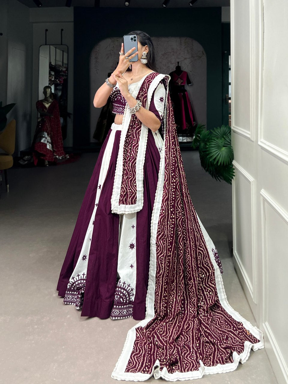 Wine Pure Cotton Mirror Gamthi Work Lehenga Choli with Bandhej Print Dupatta