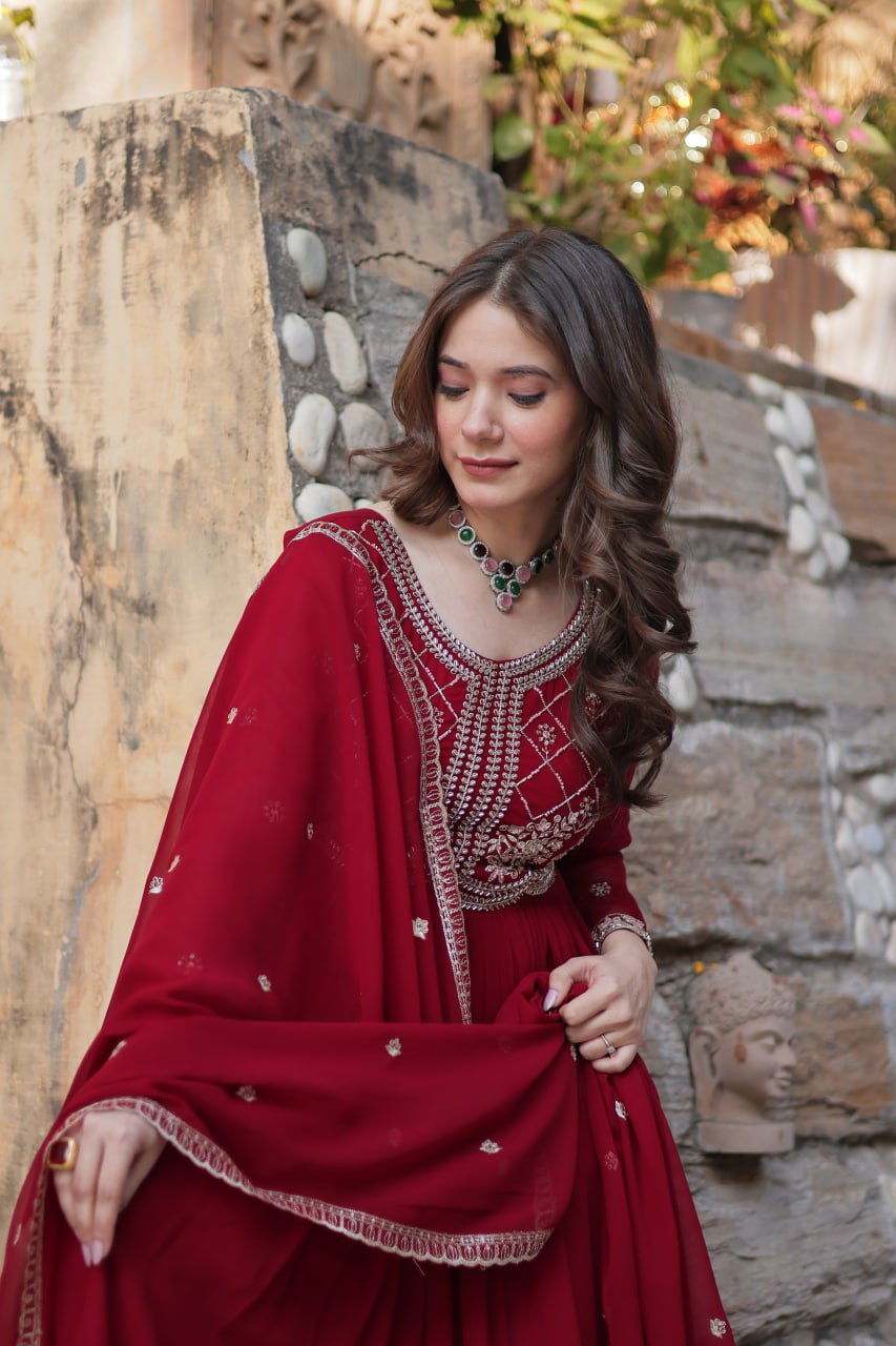 Chamvika Maroon Embroidered Gown Set with Dupatta – long gown for women, party wear gown for wedding, Indian gown for women, maroon gown for engagement, full sleeve ethnic gown, designer gown with dupatta, sequin gown for festival, traditional wear for women, Indo western gown online, stylish Indian dress for sangeet function, ready-to-wear ethnic gown for women.
