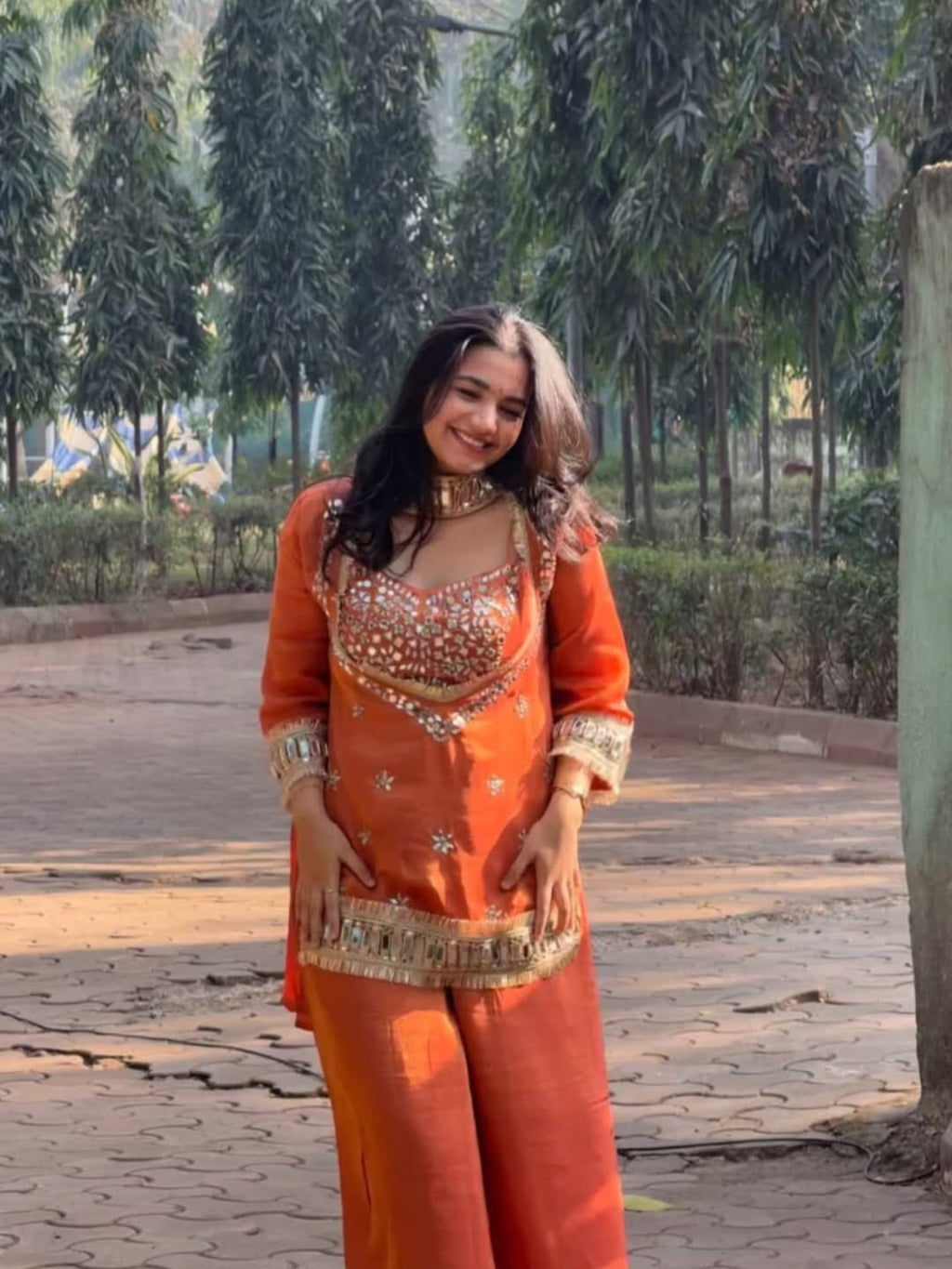 Suhani Orange Fendy Silk Real Mirror Work with Lace Border Kurti Sharara Set