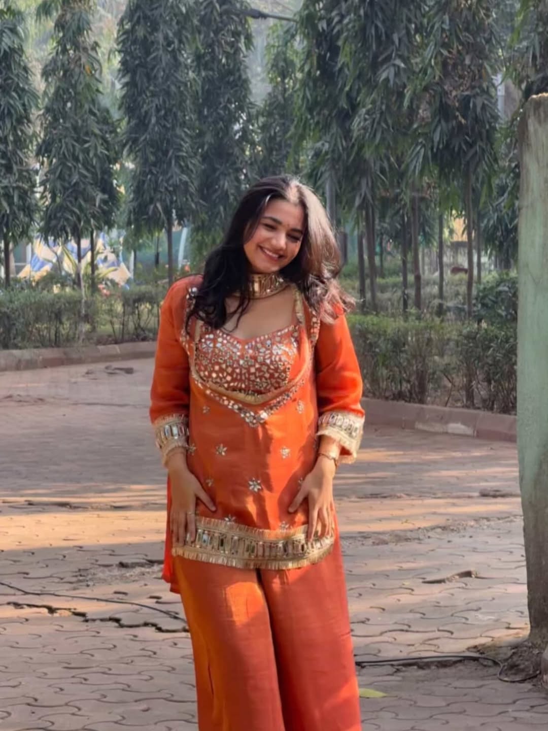 Suhani Orange Fendy Silk Real Mirror Work with Lace Border Kurti Sharara Set