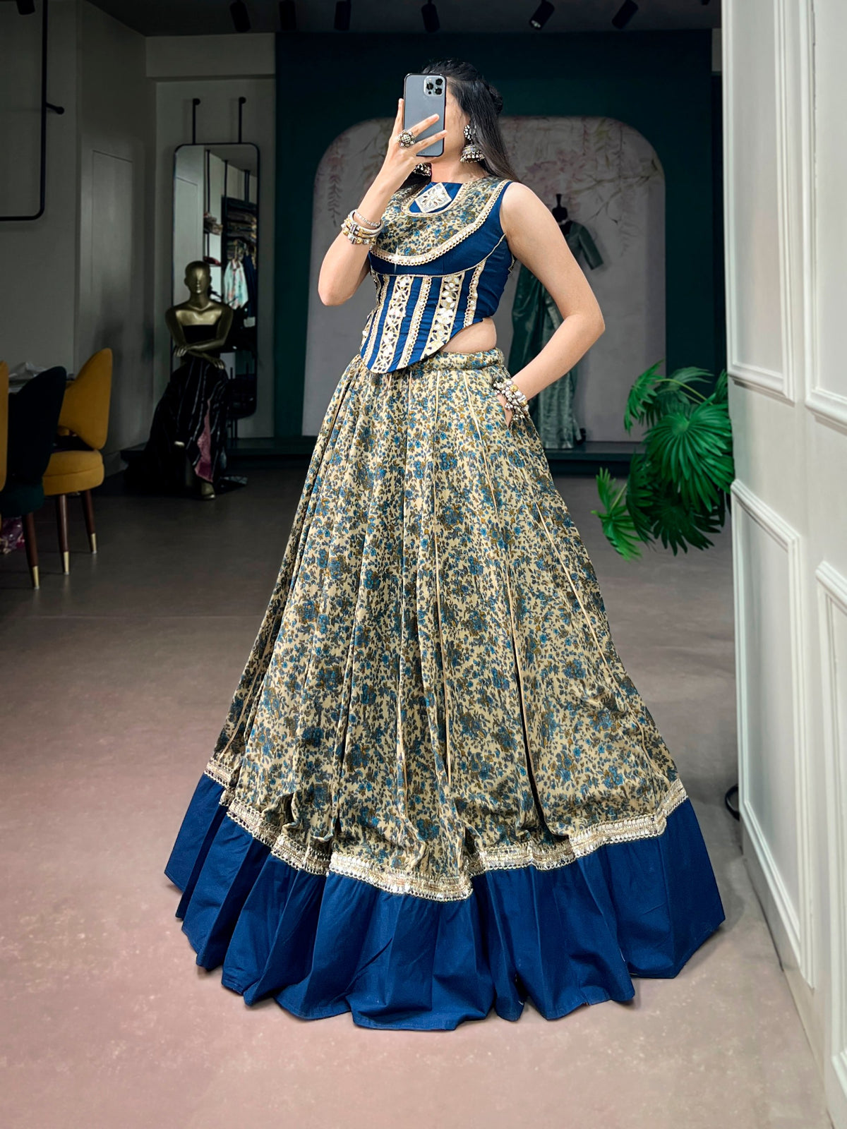 Rachna Blue Polyester Viscose Chanderi Mirror Lace Lehenga