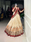 Off-white Tussar silk lehenga with foil print and embroidered dupatta