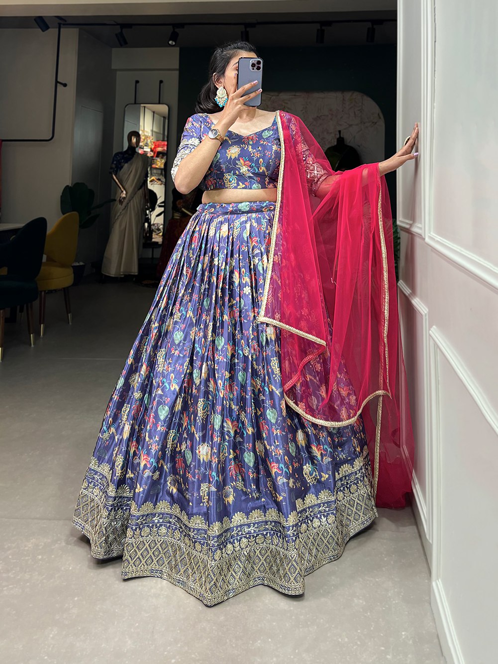 Purple chinon lehenga choli with digital print and embroidery sequins work