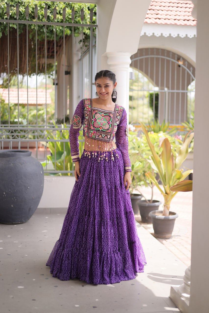 Anjali Purple Faux Georgette Bandhani Kutchi Patchework Lehenga