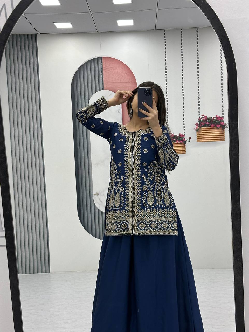 Enya Blue Color Chinon Embroidery Thread Sequence Work Kurti Palazzo Set