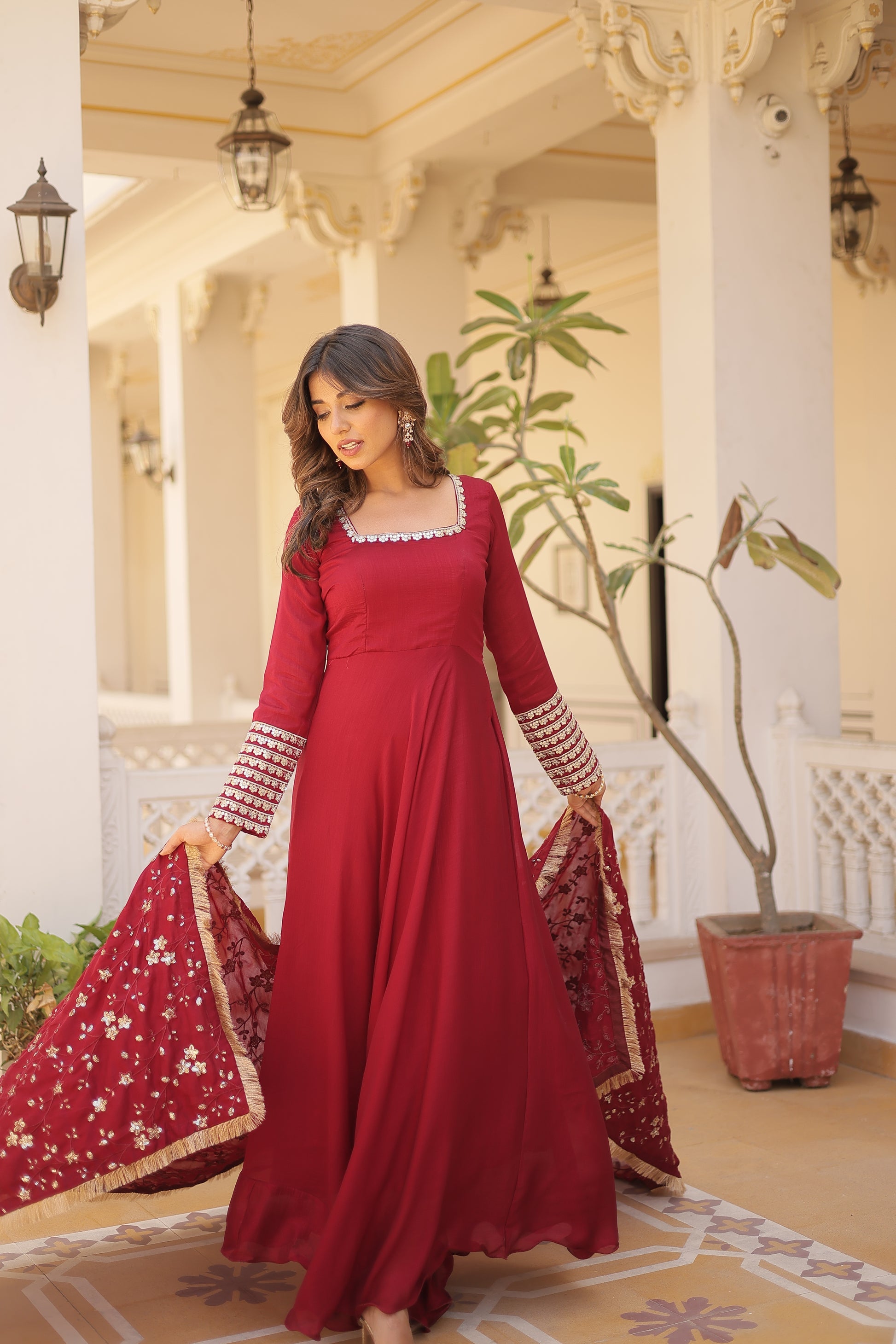 Aparajita Maroon Vichitra Silk Anarkali Gown Set