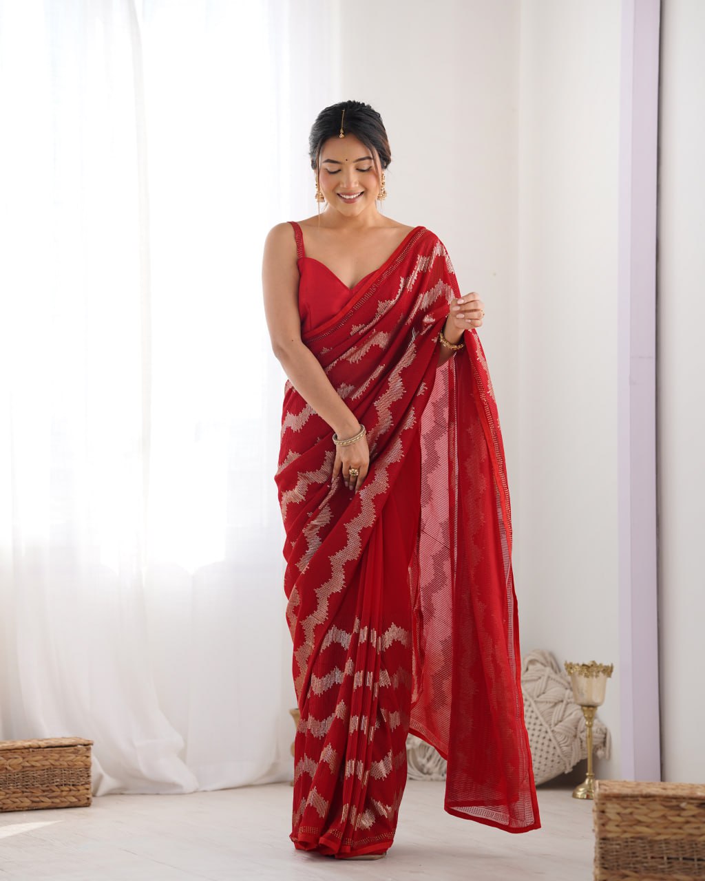 Red georgette saree with sequin & Seroski diamond work, bridal party wear saree with satin blouse, designer ethnic wear by Trinaari for weddings.