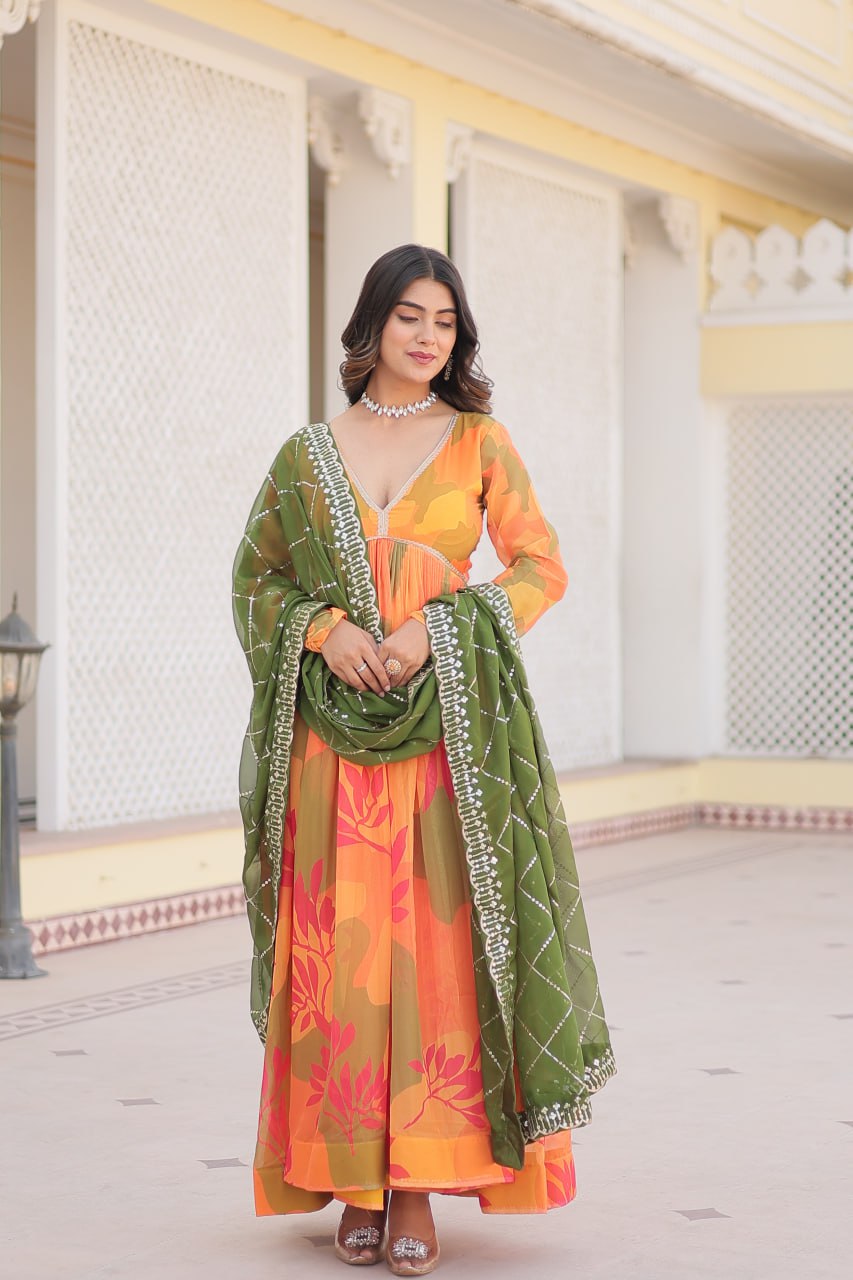 Savitri russian silk printed alia cut orange anarkali suit set