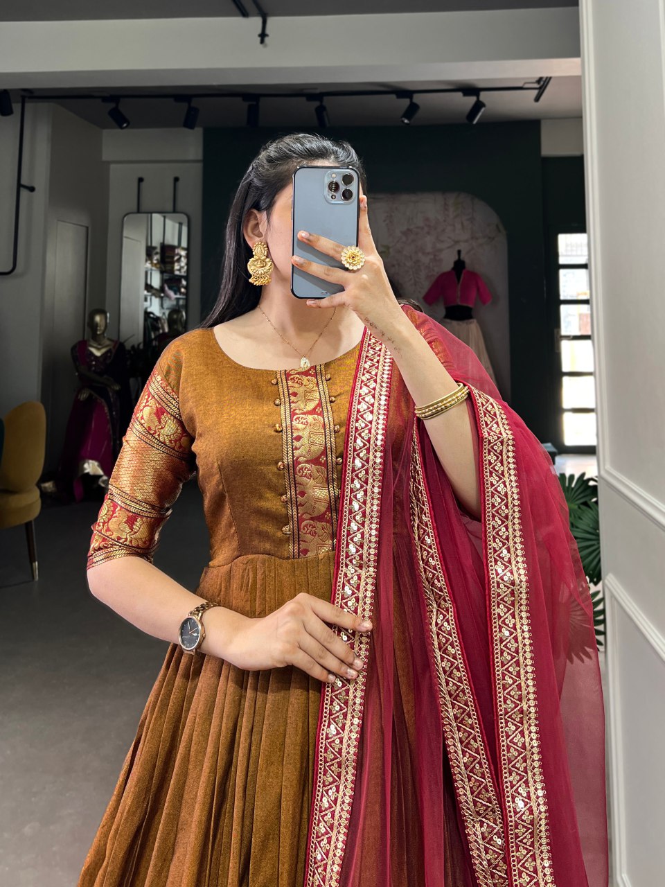 Rust brown cotton Anarkali gown with dupatta, Zari woven ethnic dress, stitched festive gown for women, lightweight party wear, Trinaari premium wear.