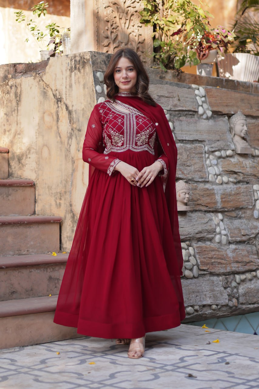 Chamvika Maroon Embroidered Gown Set with Dupatta – long gown for women, party wear gown for wedding, Indian gown for women, maroon gown for engagement, full sleeve ethnic gown, designer gown with dupatta, sequin gown for festival, traditional wear for women, Indo western gown online, stylish Indian dress for sangeet function, ready-to-wear ethnic gown for women.