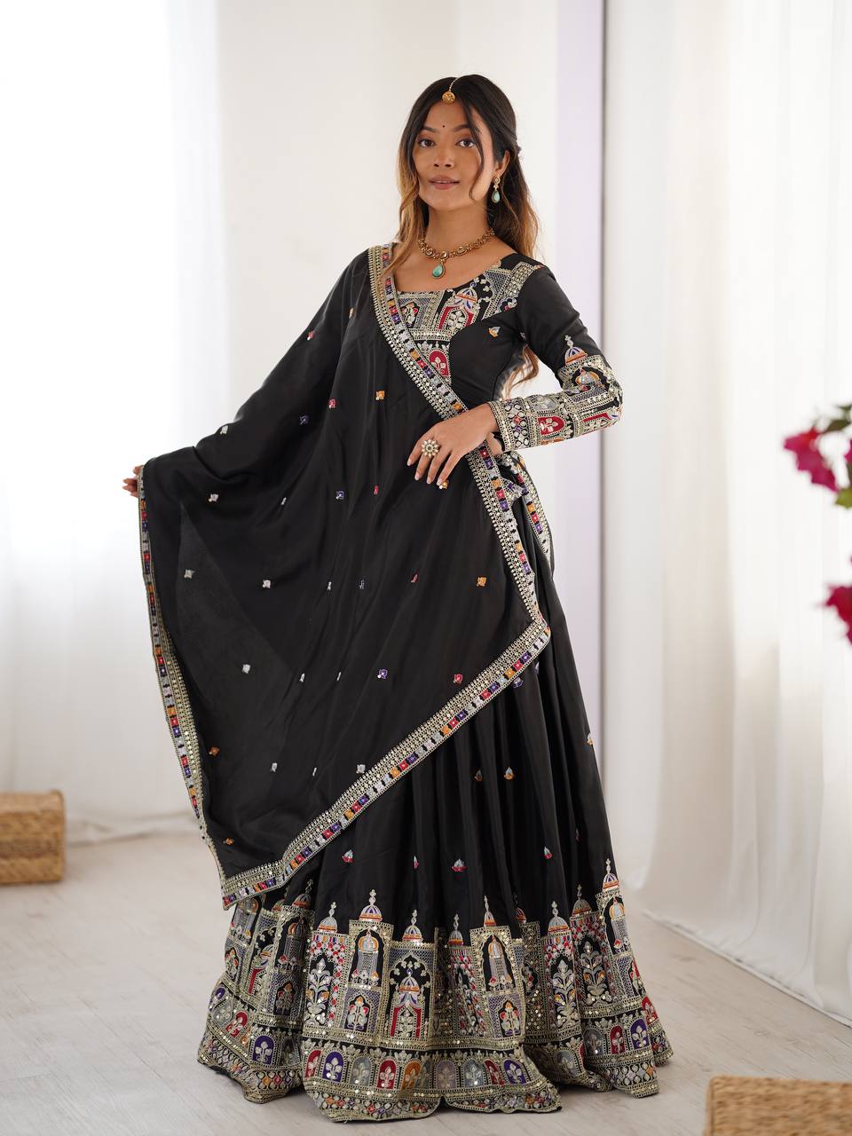 Kavyani Black Natural Crepe Silk Lehenga Choli Set – semi-stitched lehenga with 3-meter flare, canvas patta, cancan, and heavy embroidery in coding dori, thread, and sequins; paired with embroidered dupatta and unstitched matching choli – perfect for weddings, receptions, Diwali, and festive occasions.
