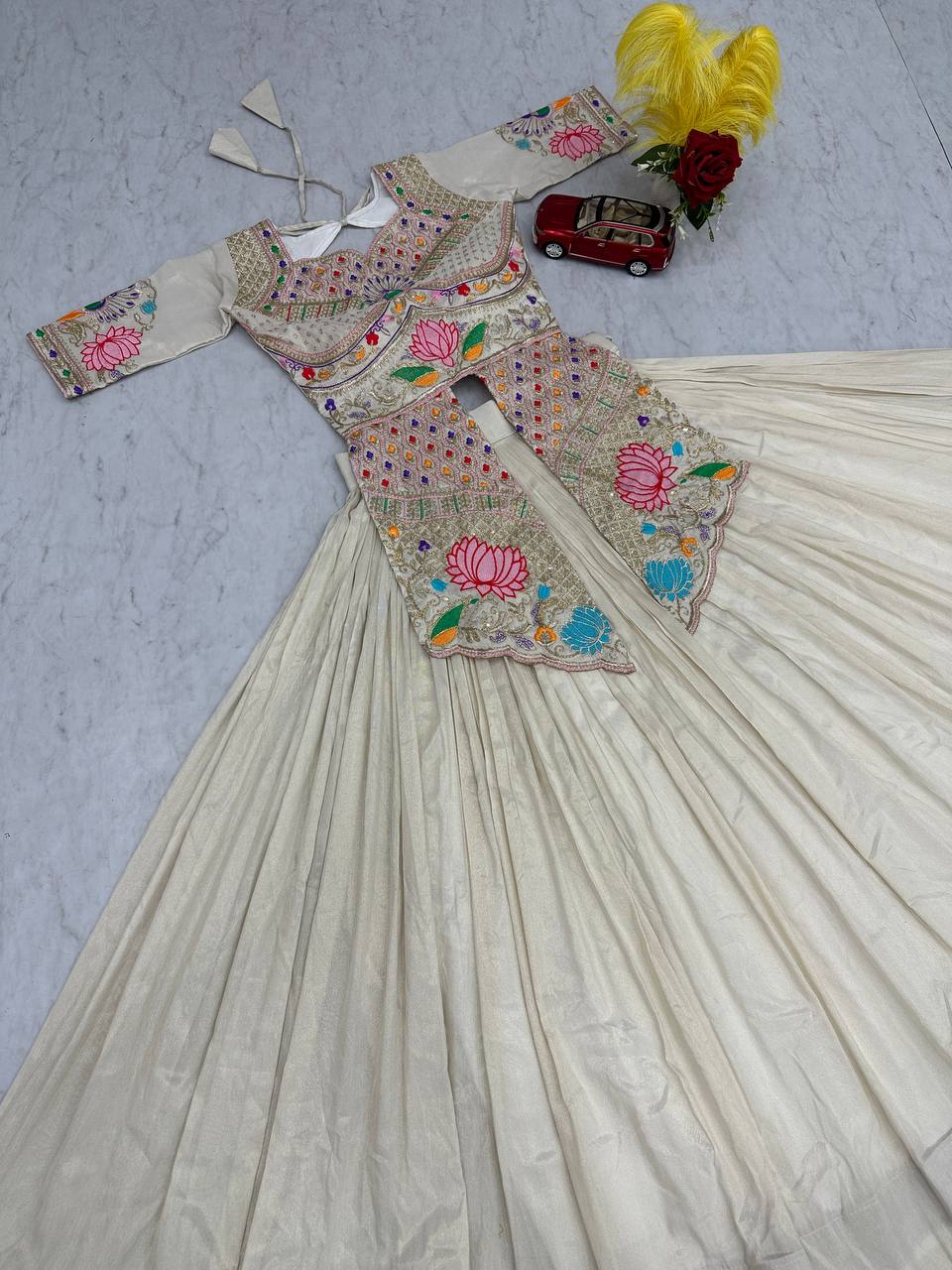 Neerja Off-White Color Cosmos Silk Embroidery Sequence Work Crop Top Lehenga Choli