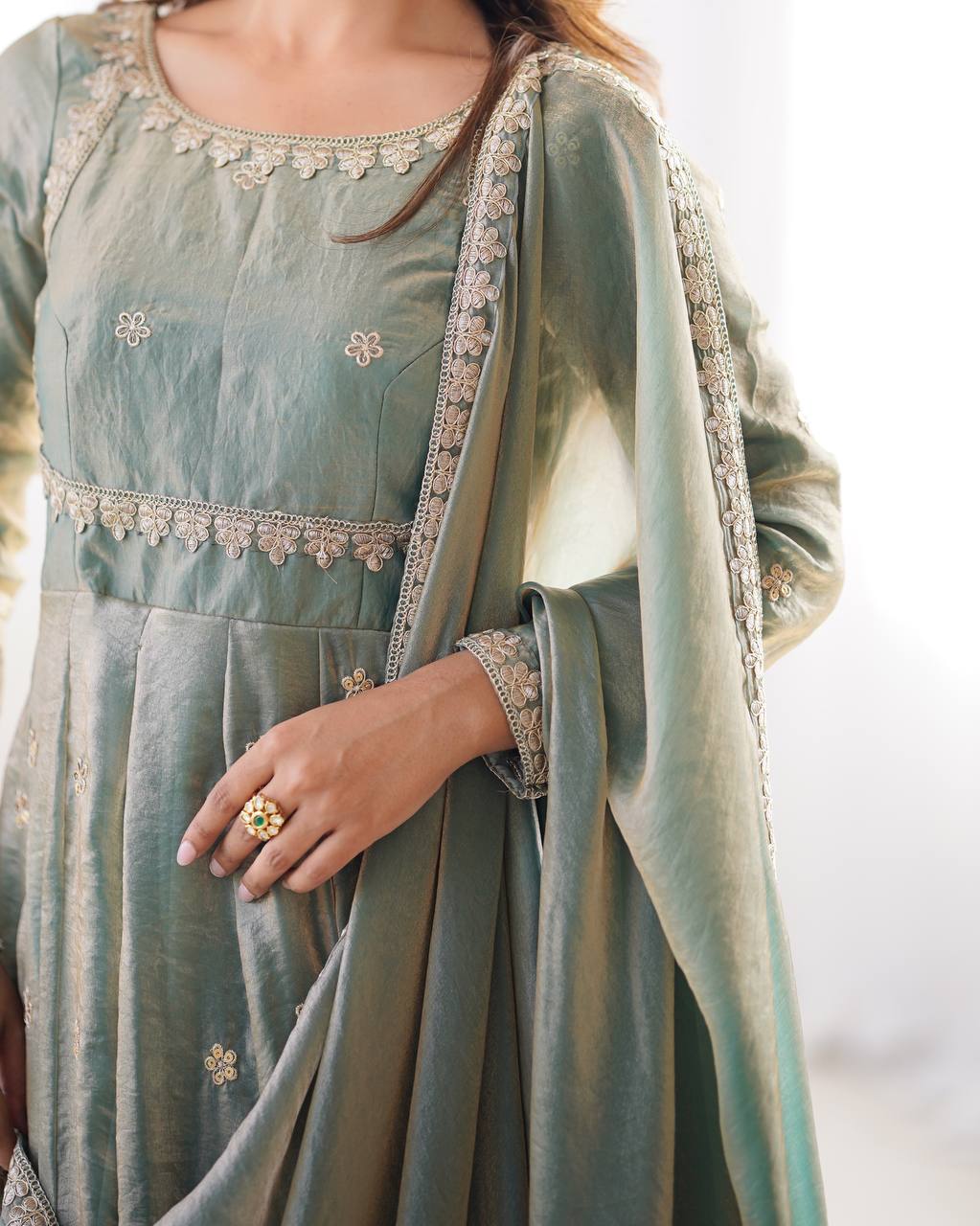 Neelika Sage Green Anarkali Suit Set – designer anarkali suit for women, green ethnic suit set, sequin embroidered gown dress, plus size Indian wear, traditional Indian outfits, wedding guest suit set, long anarkali gown with dupatta, stitched anarkali for party wear, green gown for haldi mehendi, readymade Indian suits for women.