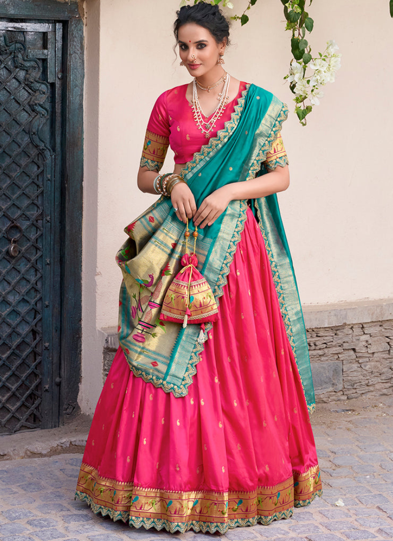 Shop Bright Pink Jacquard Silk Paithani Lehenga Choli with Dupatta & Batwa. Zari weaving, sequins work & 3.80m flair. Perfect for bridal & festive wear.