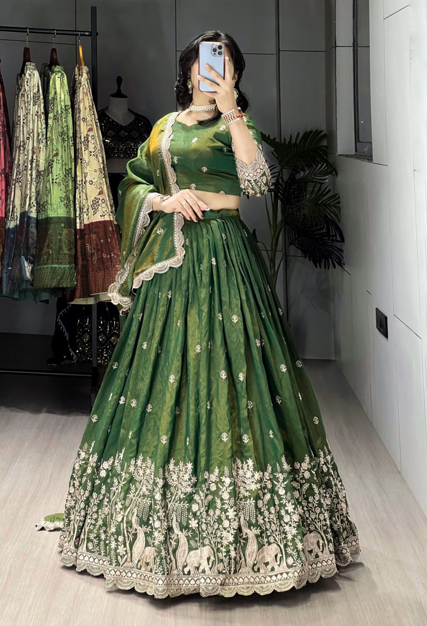 Dipa Olive Green Vichitra Silk Embroidered Lehenga Choli with Dupatta
