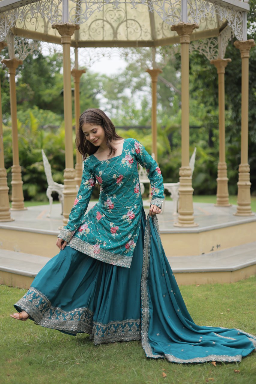 Medhasvi Teal Chinon Embroidered Kurti Sharara Set