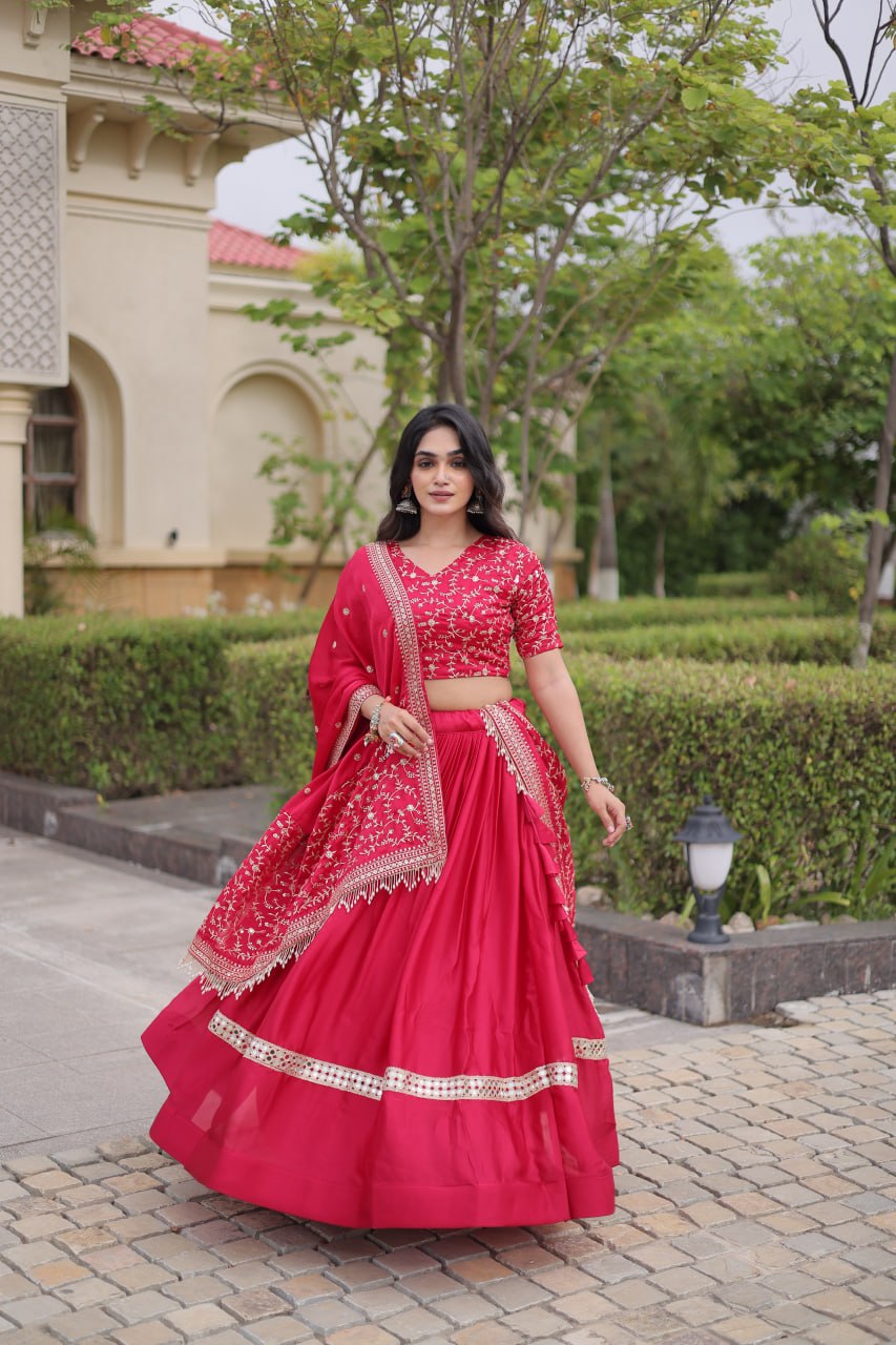 Subhadra Pink Glory Satin Embroidery Zari Sequins Lehenga