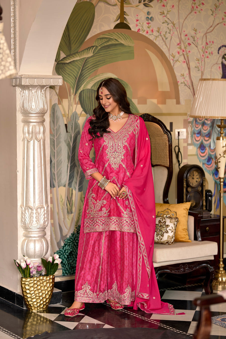 Meera Chinon Silk Embroidered Designer Kurti Sharara Set