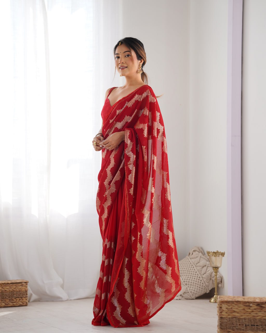 Red georgette saree with sequin & Seroski diamond work, bridal party wear saree with satin blouse, designer ethnic wear by Trinaari for weddings.