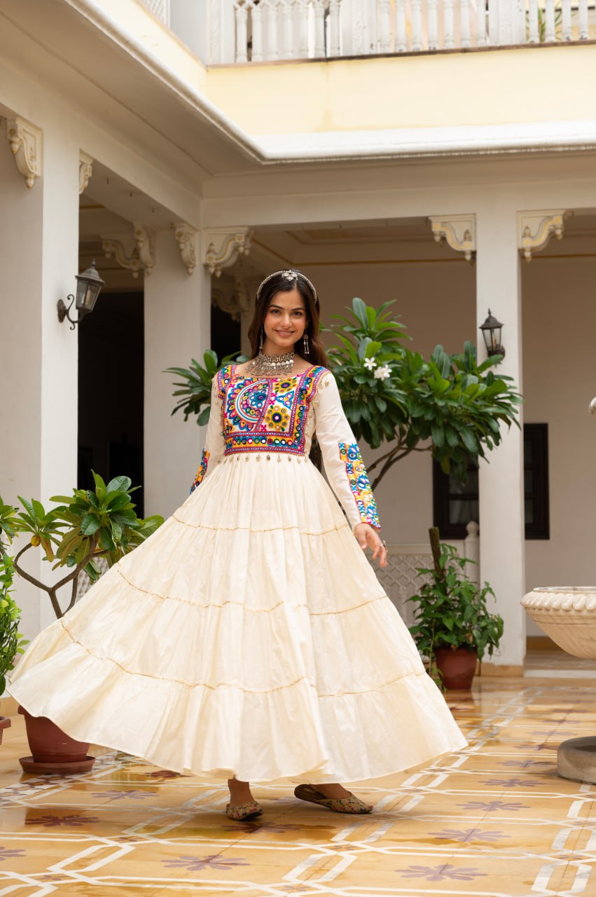 Off-White Kora Cotton Kutchi Gamthi Mirror Work and Kodi Lace Gown