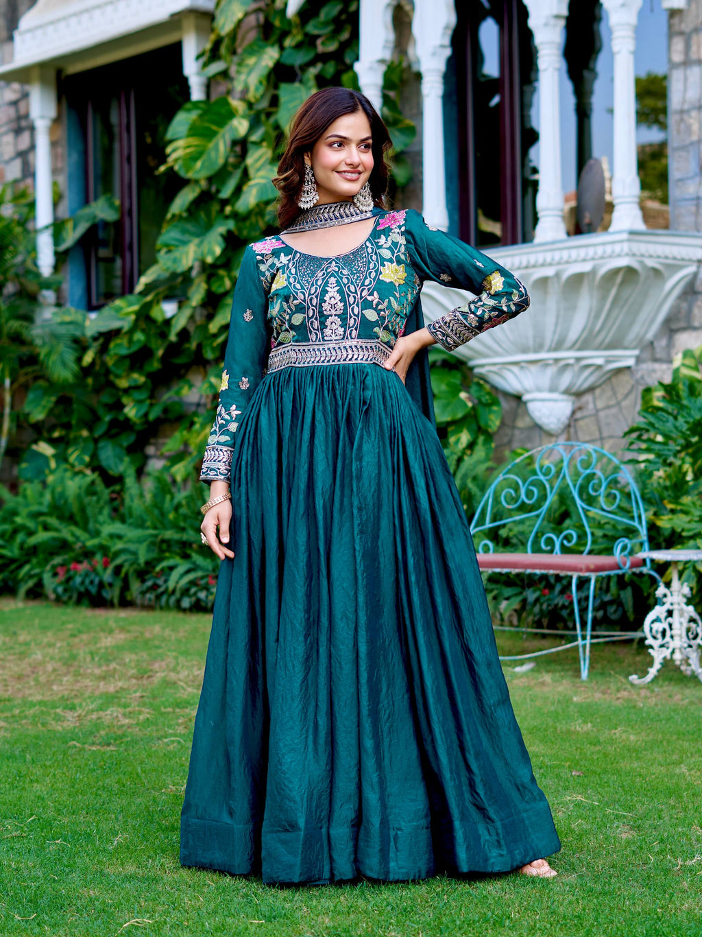 Dipa Teal Blue Color Fendy Silk Embroidery Sequins Thread Work Gown with Dupatta