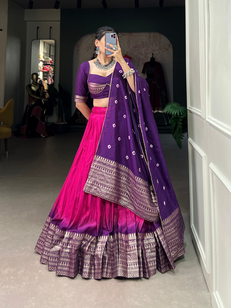 Pink Chanderi zari weaving lehenga choli with Bandhej print dupatta