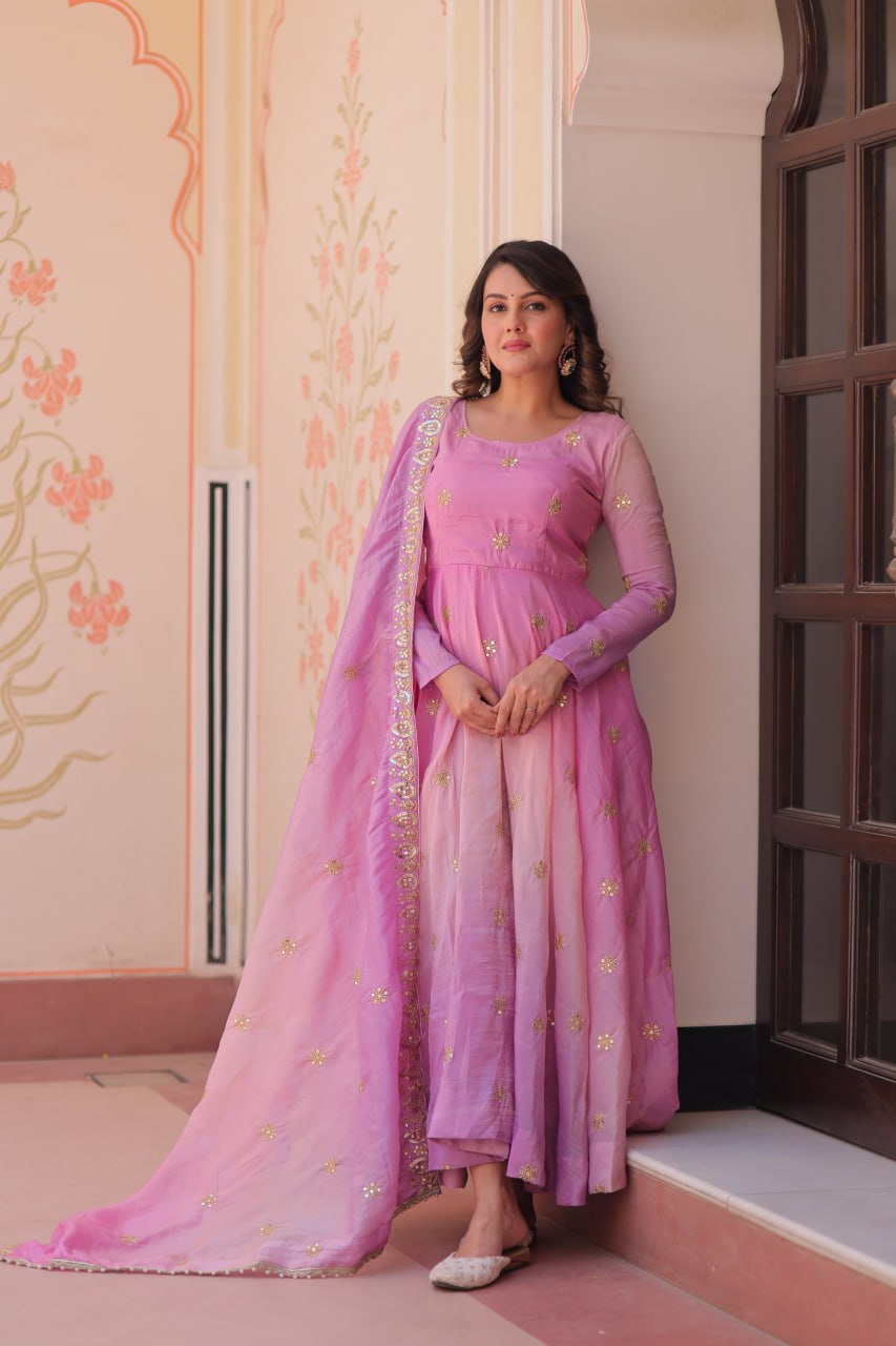 Pink Organza Flair Sequins Zari Embroidery Gown with Dupatta