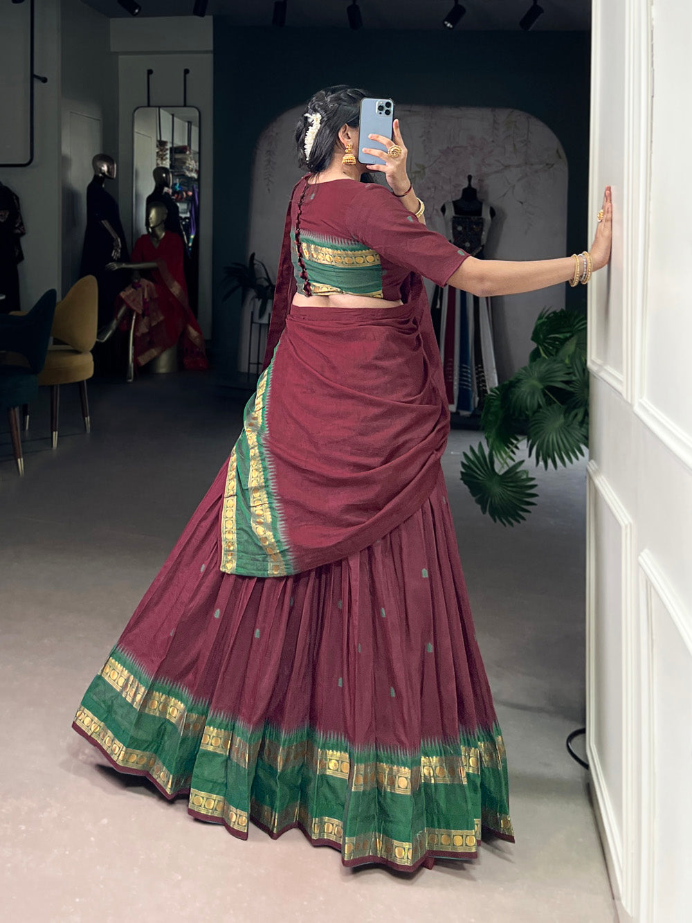 Maroon Chanderi Zari Weaving Work Half-Saree Lehenga